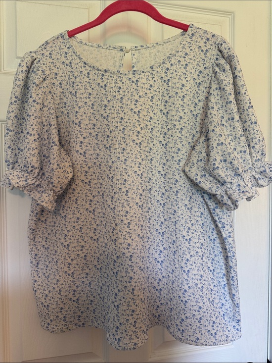 SHEIN Tops - SHEIN White and Blue Floral Puff Sleeve Blouse